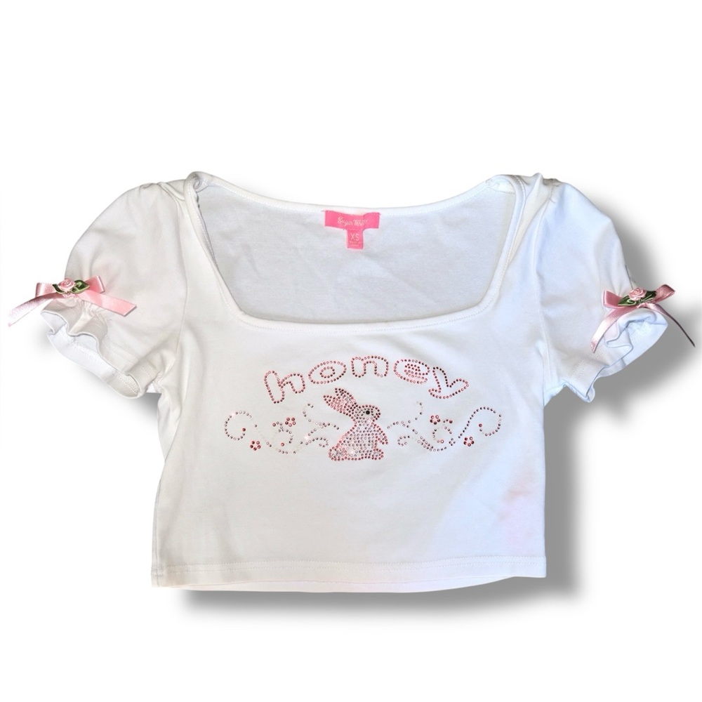 White "Honey" Bunny Rhinestone Crop Top🐇🎀